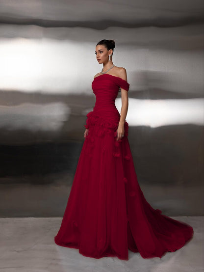 Off Shoulder Sleeveless A-Line Handmade Flower Prom Dress
