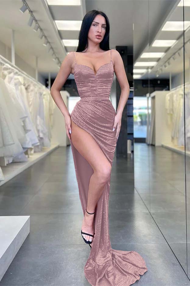 Spaghetti-Straps Sequins V-Neck Sleeveless Mermaid Evening Dress With Split