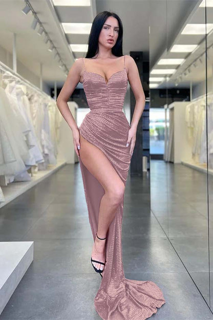 Spaghetti-Straps Sequins V-Neck Sleeveless Mermaid Evening Dress With Split