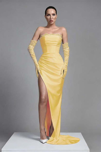 Black Sleeveless Long Split Pleated Evening Dress With Long Gloves