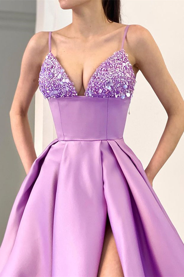 Spaghetti-Straps Sequins A Line Lavender Evening Dress With Split
