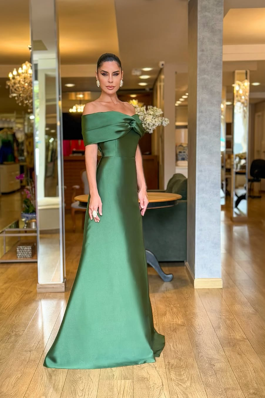 Stunning Dark Green Satin Off the Shoulder Strapless Long Prom Dress with Pleated