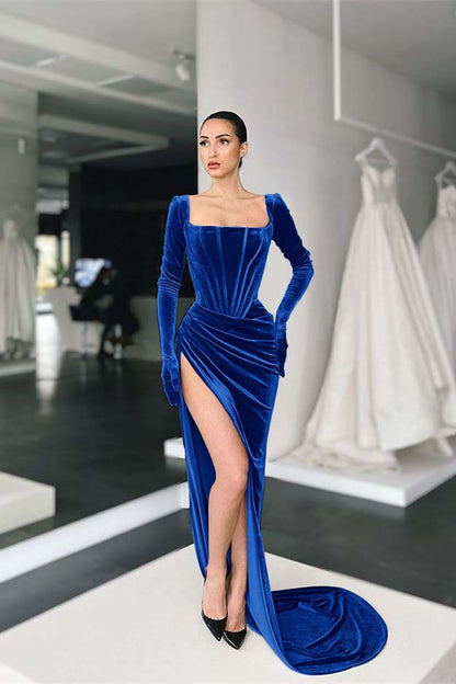 Square Long Sleeves Prom Dress With Slit
