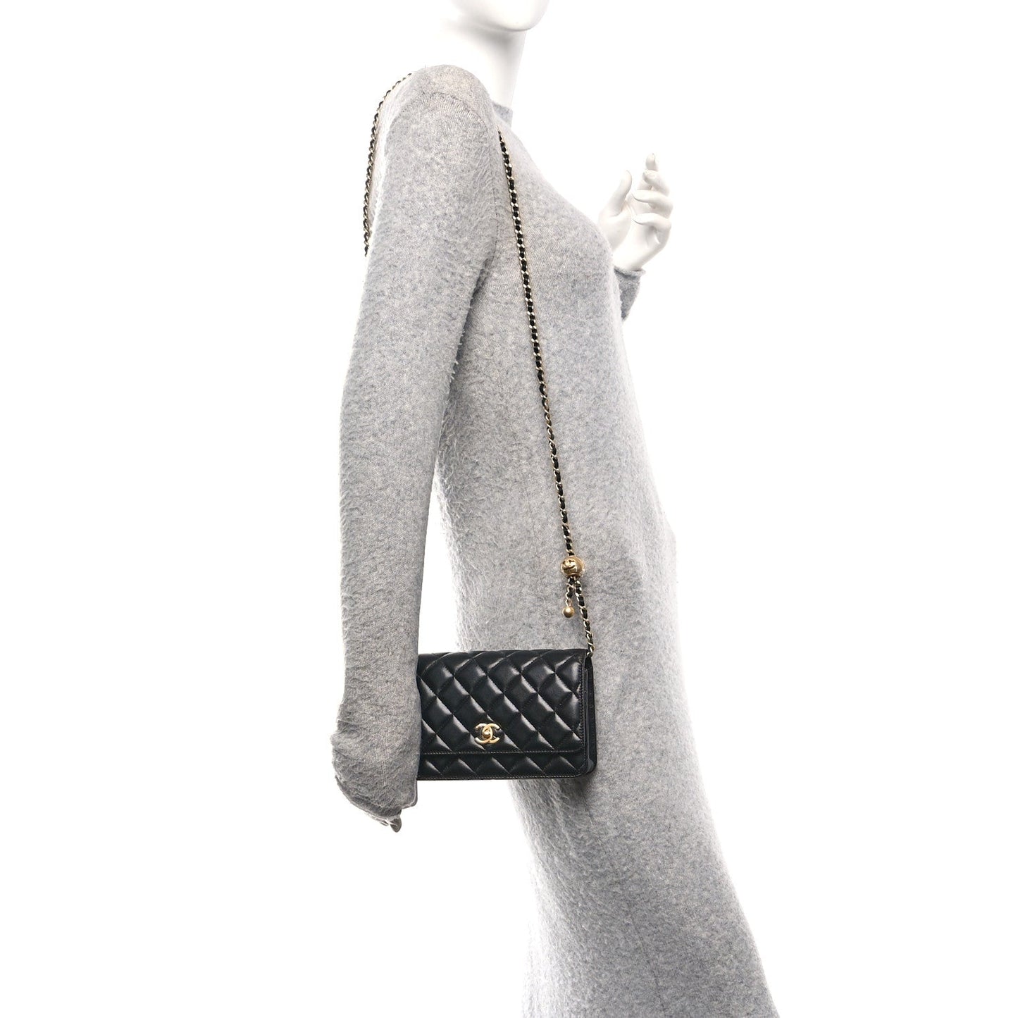 Lambskin Quilted CC Pearl Crush Wallet on Chain WOC Black