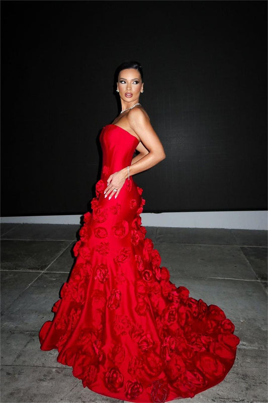 Stunning Red Satin Sleeveless Strapless Long Mermaid Prom Dress with Flower