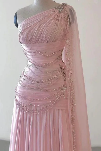 Glamorous Pink Sleeveless One Shoulder Long Evening Dress With Train