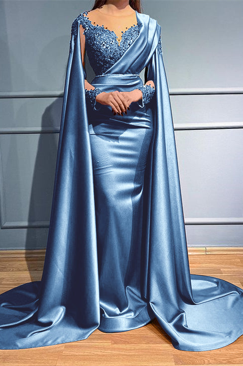 Rust Long Sleeves Beads Appliques Mermaid Evening Dress With Ruffles