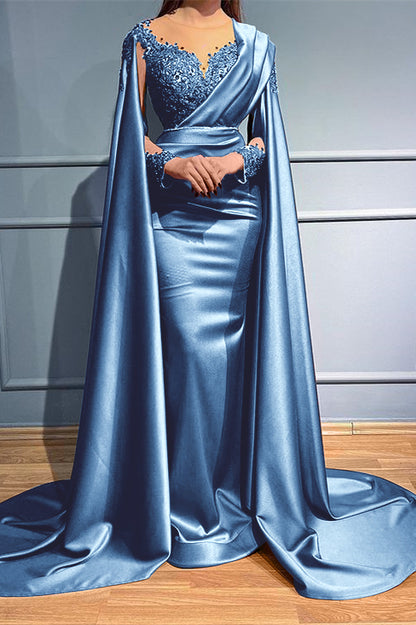 Rust Long Sleeves Beads Appliques Mermaid Evening Dress With Ruffles