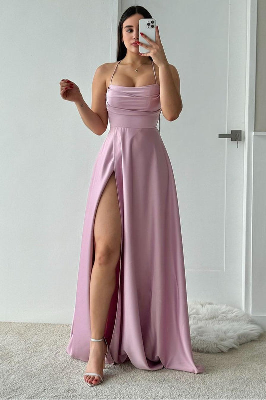 Simple Royal Blue Satin Halter Sleeveless Long Pleated Prom Dress with Split