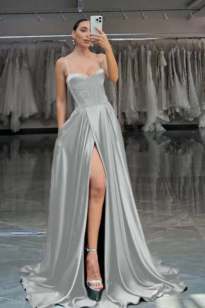 Red Spaghetti Straps A-Line Long Prom Dress With Pleated