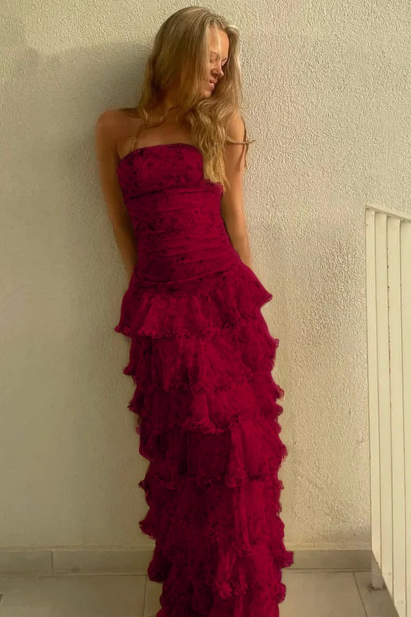 Glamorous Daffodil Sleeveless Strapless Long Evening Dress With Ruffles