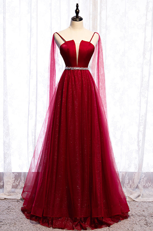 Burgundy Spagetti-Strap Sleeveless Prom Dress Tulle Ruffles with Beadings
