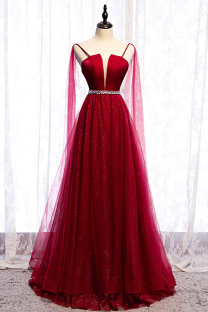 Burgundy Spagetti-Strap Sleeveless Prom Dress Tulle Ruffles with Beadings