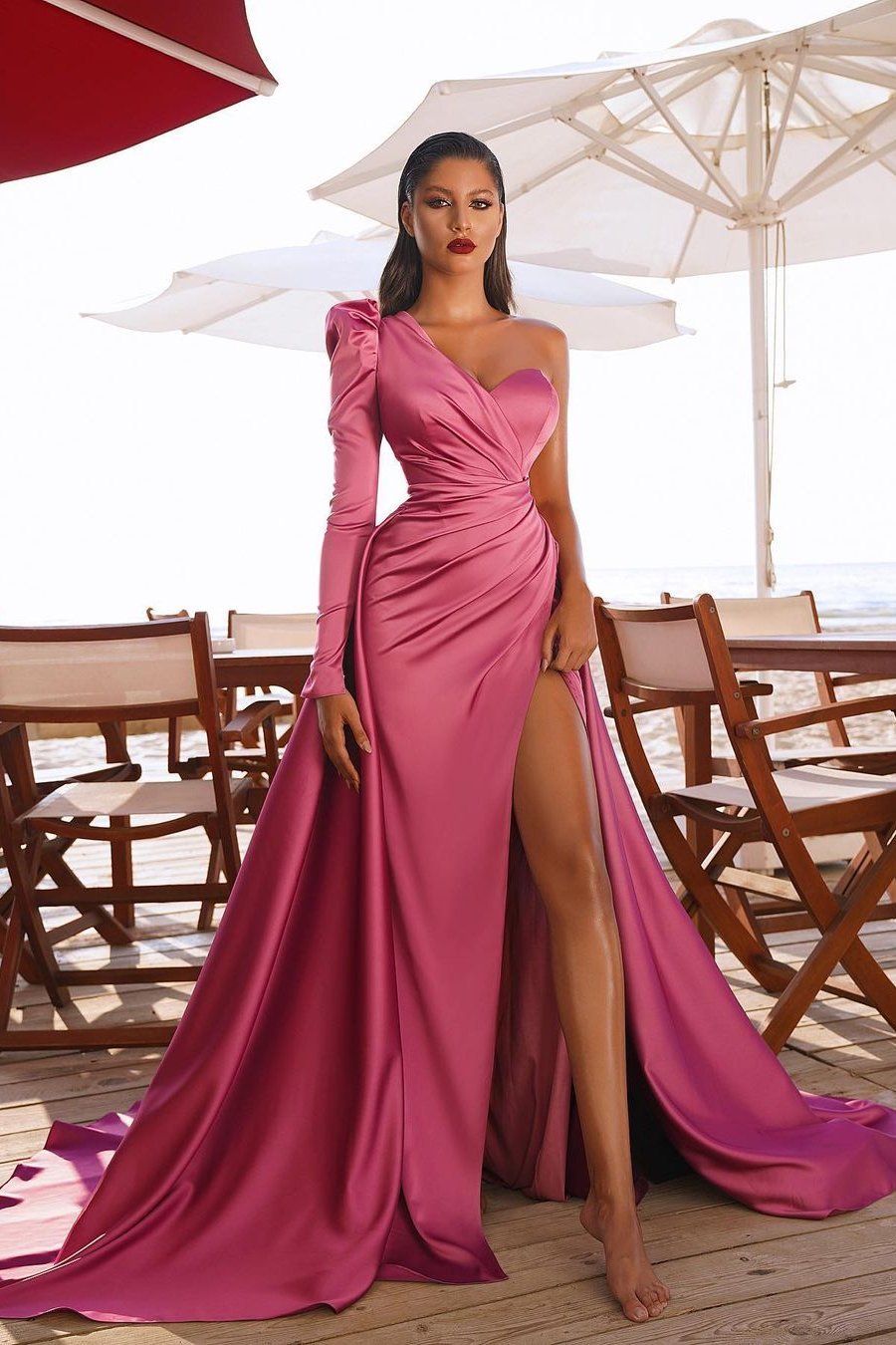 Glamorous One Shoulder Long Sleeves Prom Dres With Slit