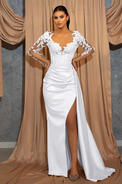 V-Neck Beads Long Sleeves Lace Appliques Prom Dress With Ruffles
