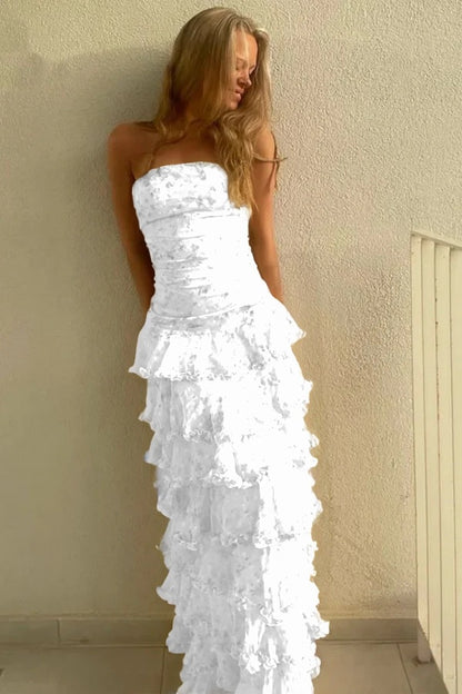 Glamorous Daffodil Sleeveless Strapless Long Evening Dress With Ruffles
