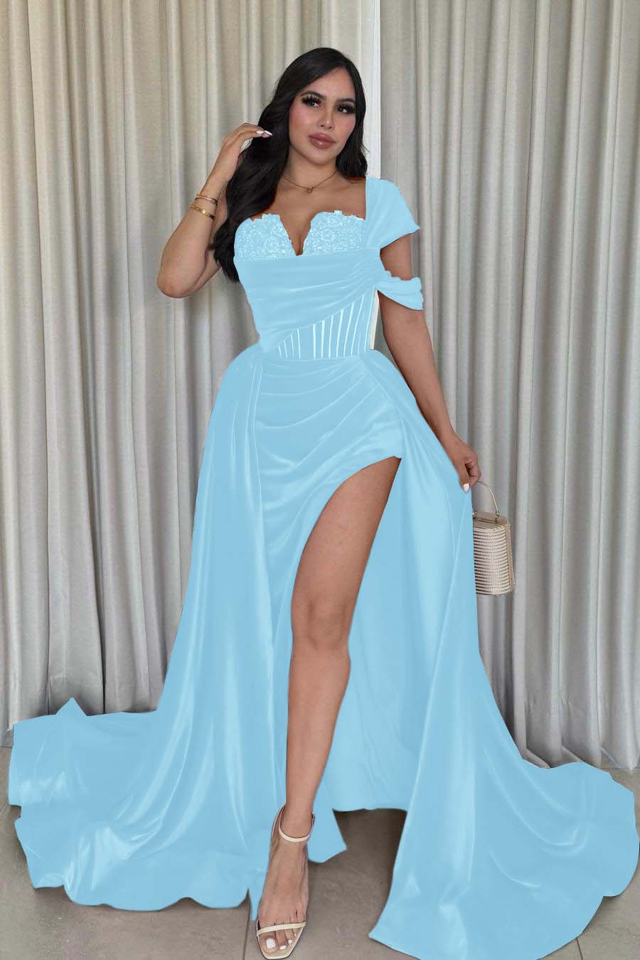 Glamorous Velvet One Shoulder Sleeveless Long Pleated Prom Dress with Split