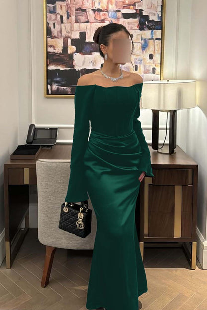 Chic Satin Regency Off the Shoulder Long Sleeves Mermaid Prom Dress with Pleated