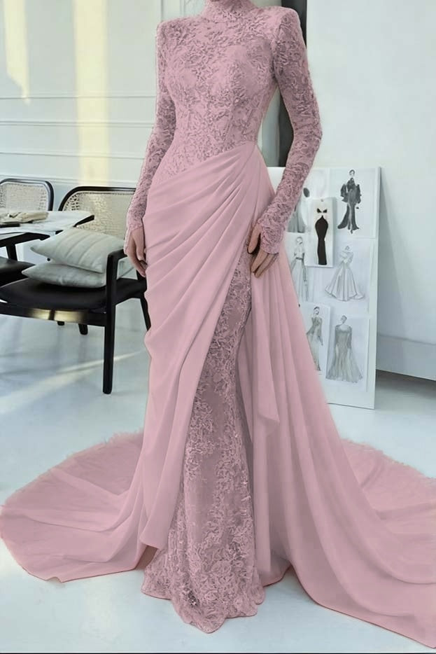 Glamorous Lace Burgundy High Neck Long Sleeves Evening Dress With Appliques