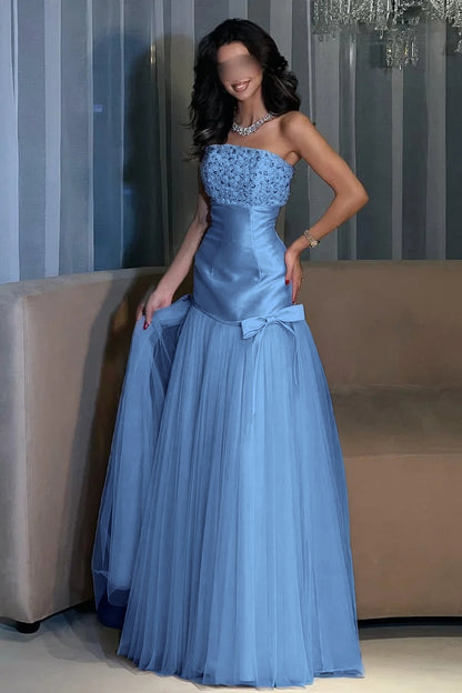 Charming Candy Pink Satin Tulle Sleeveless Strapless Long Evening Dress with Beadings