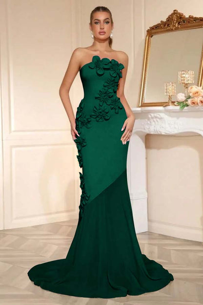 Elegant Sleeveless Satin Square Strapless Mermaid Prom Dress With Handmade Flower