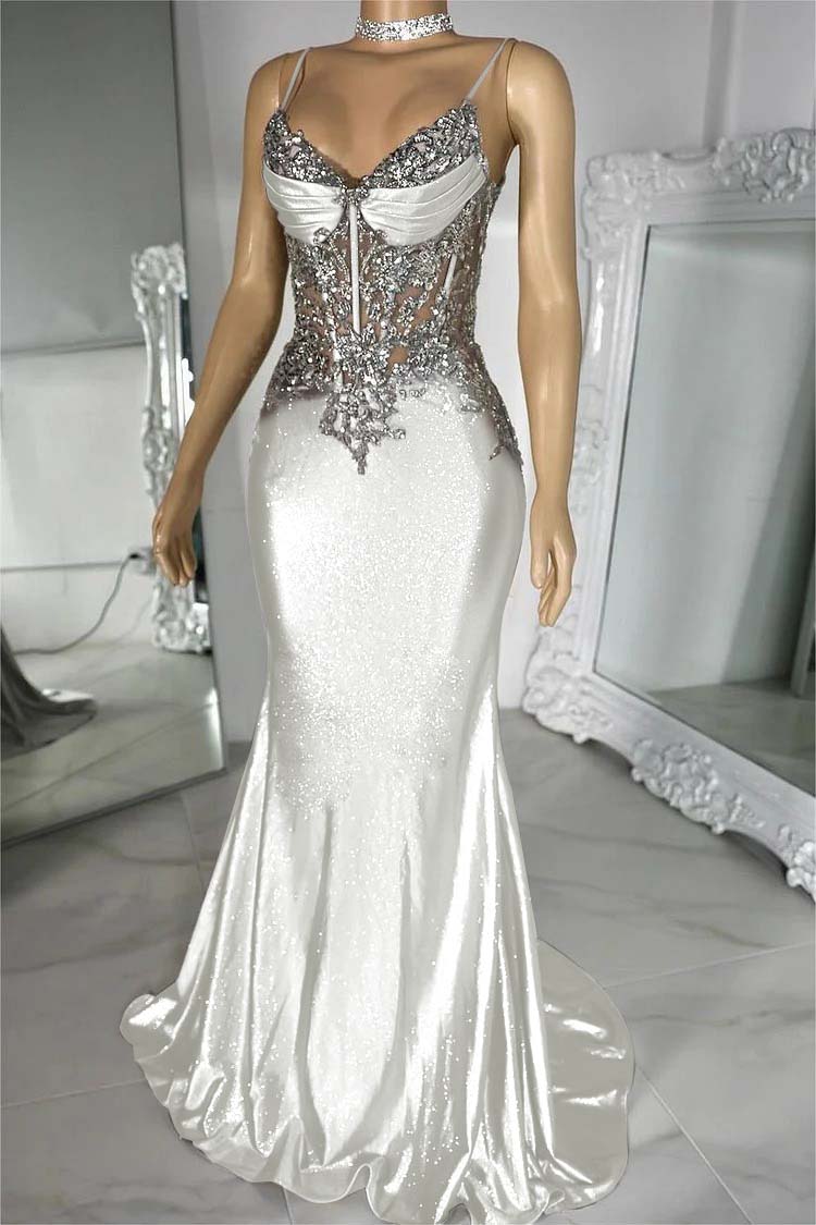 Spaghetti Strap Sleeveless V-Neck Mermaid Long Prom Dress With Sequins