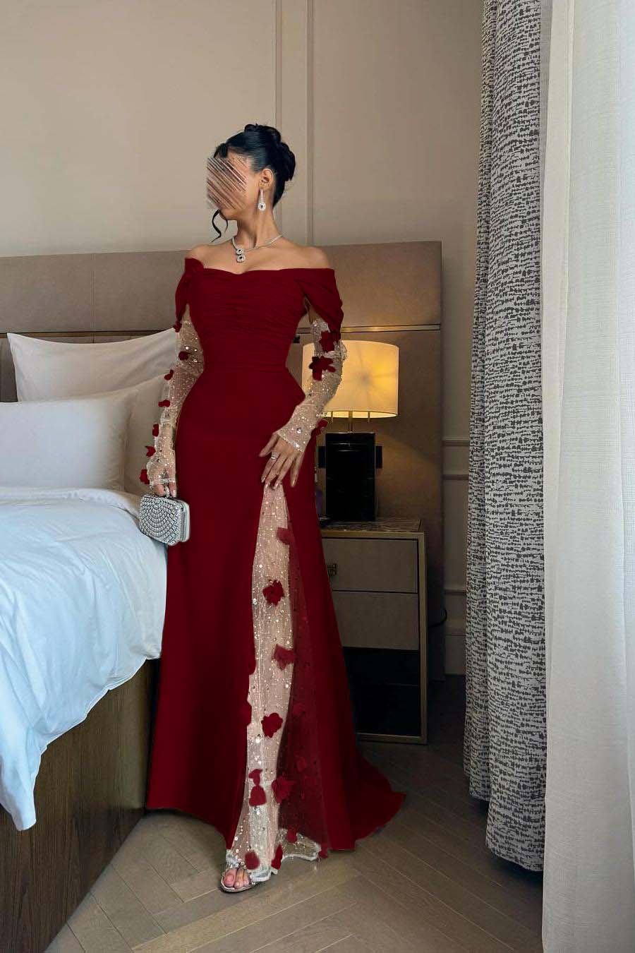 Chic Daffodil Satin Long Sleeves Off the Shoulder Pleated Prom Dress with Sequins