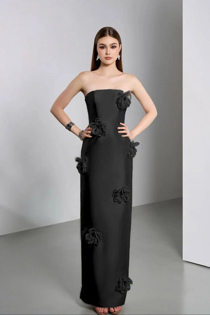 Elegant Ivory Strapless Evening Dress Column Floor Length in Satin with Flower