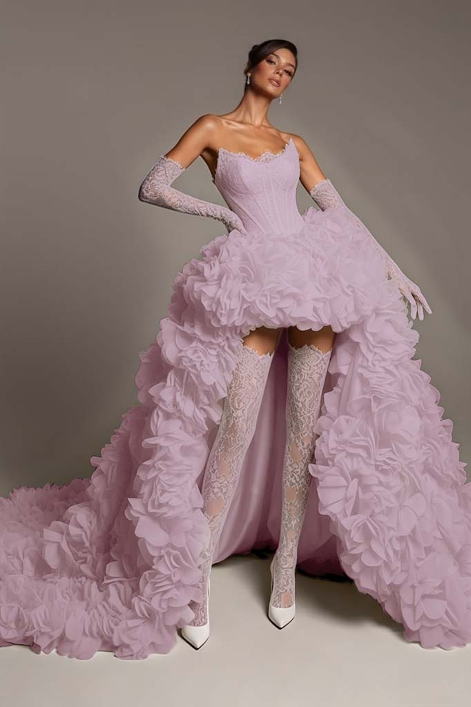 Sleeveless Strapless A Line Embroidery Pleated Prom Dress With Gloves