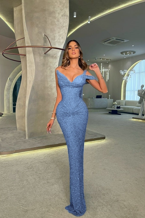 One Shoulder V-Neck Long Mermaid Prom Dress Sleeveless with Sequins