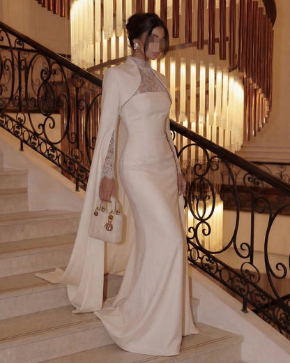 Stunning White Long Sleeves High Neck Lace Mermaid Evening Dress