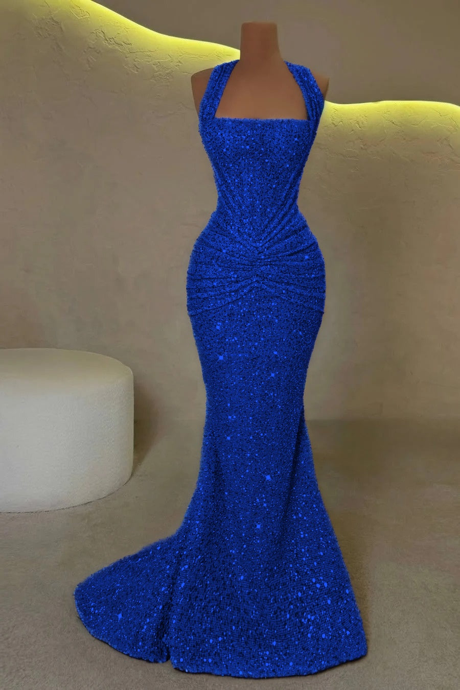 Gold Sleeveless Halter Straps Mermaid Prom Dress With Sequins