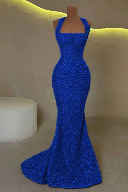 Gold Sleeveless Halter Straps Mermaid Prom Dress With Sequins