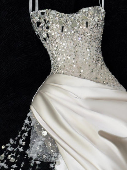Shiny Sheath Sweetheart Neck Sequin Beaded Satin Prom Dress Evening Dress with Slit SH2537