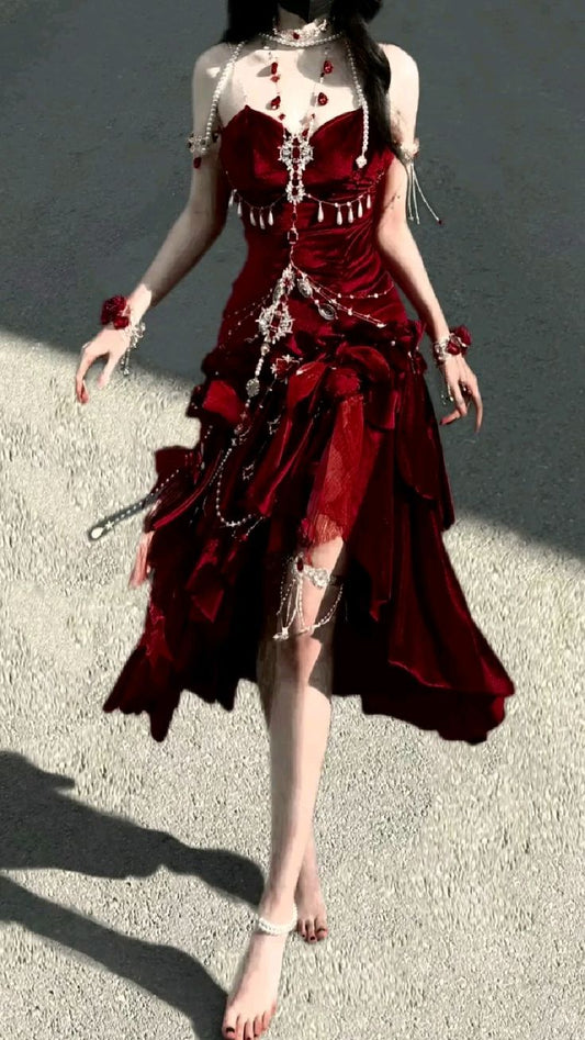 Burgundy Exquisite Mermaid Spaghetti Strap Beaded Velvet Long Party Dress Cocktail Dress(No accessories) SH3593
