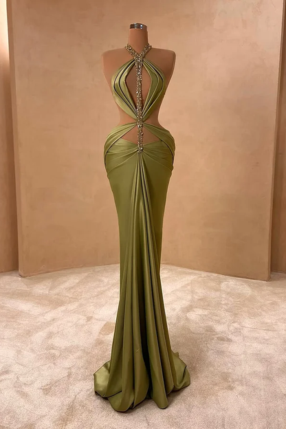 Green Sleeveless Halter Mermaid Beads Prom Dress