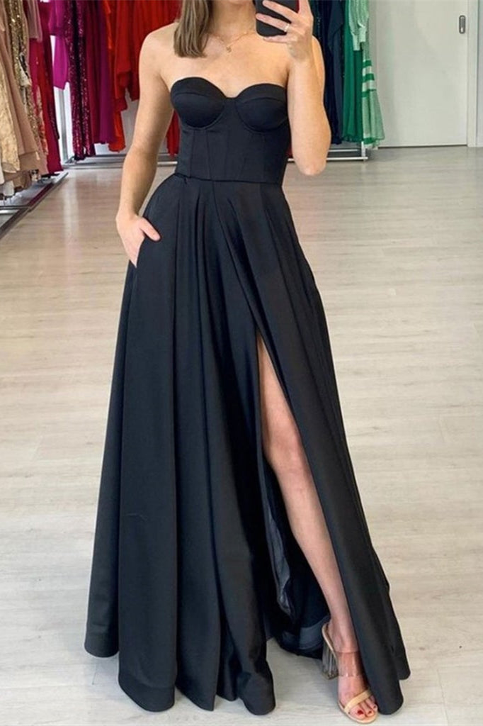 Sweetheart Prom Dress Black Slit With Pockets