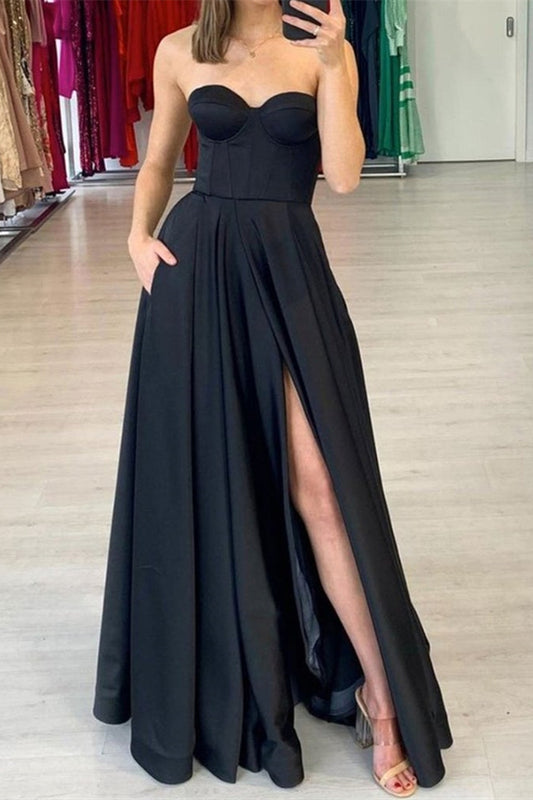 Sweetheart Prom Dress Black Slit With Pockets