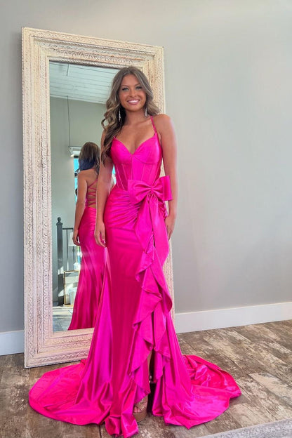 Glamorous Fuchsia Satin Spaghtti Strap Sleeveless Long Pleated Prom Dress with Bow