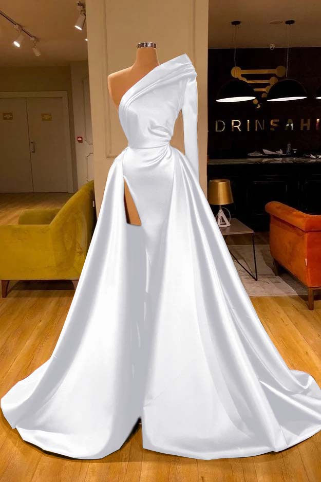One Shoulder Slit Long Sleeves Prom Dress Overskirt