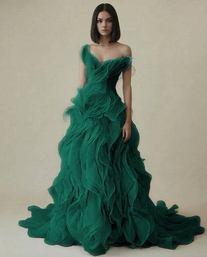 Dreamy Sky Blue V-Neck Pleated Ruffles Long Evening Dress