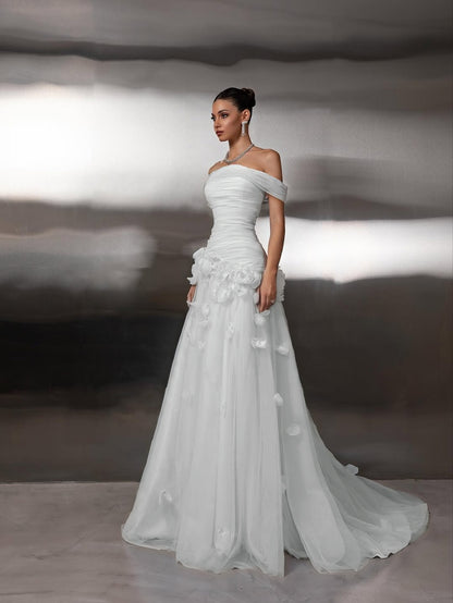 Off Shoulder Sleeveless A-Line Handmade Flower Prom Dress