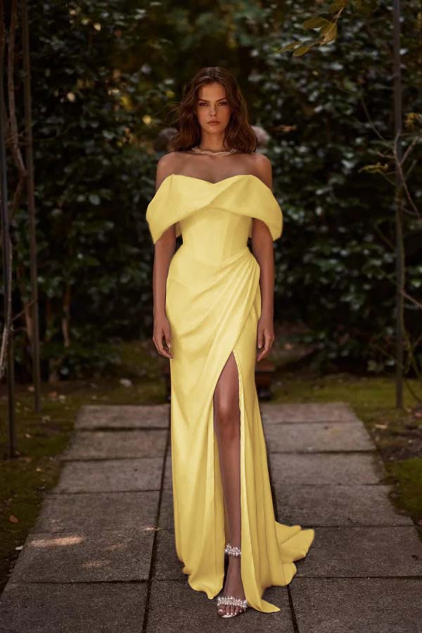 White Off-the-Shoulder Long Prom Dress Split with hand sleeve