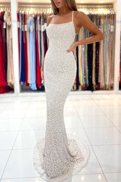 Sequins Mermaid Strapless Spaghetti-Straps Prom Dress With Open Back