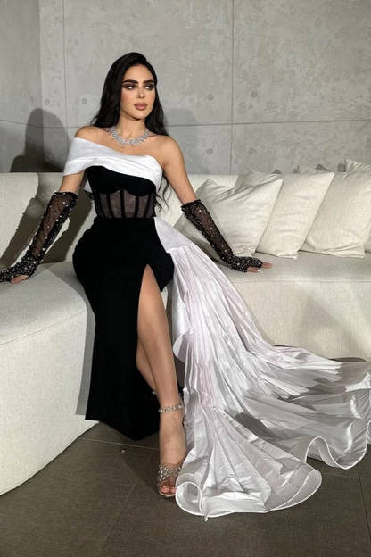 Black Short Slit Prom Dress With White Tail