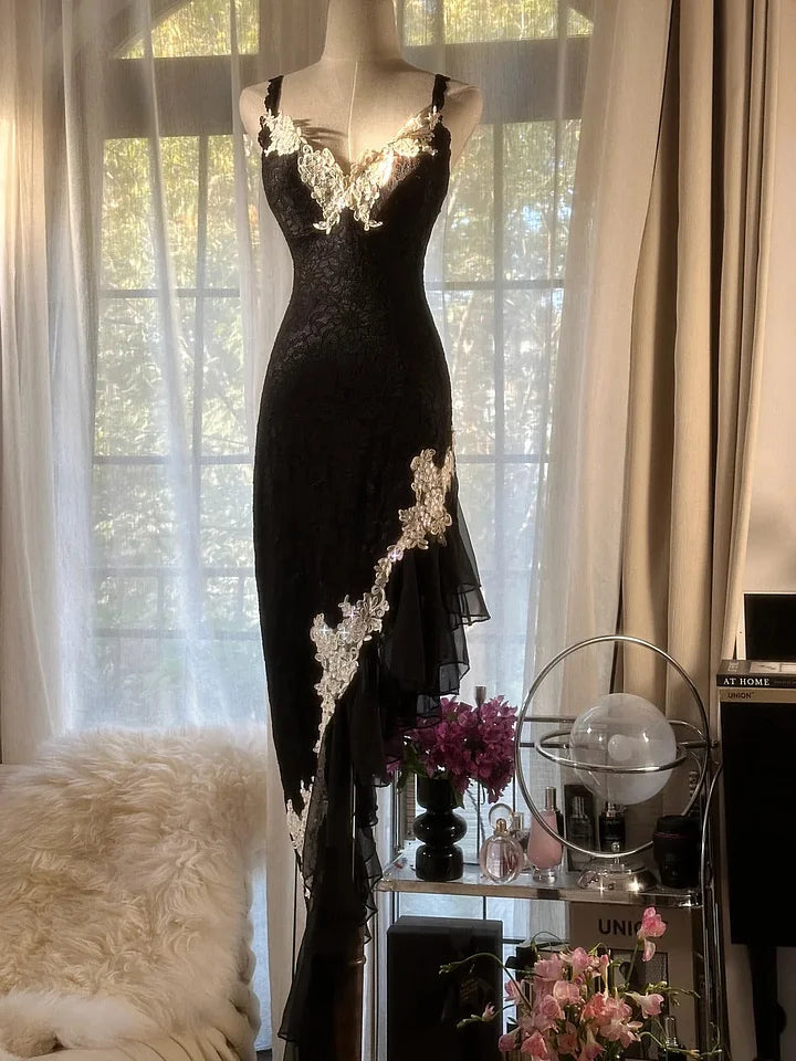 Sexy Sheath Spaghetti Strap Ruffle Appliques Lace Chiffon Party Dress Evening Dress SH2881