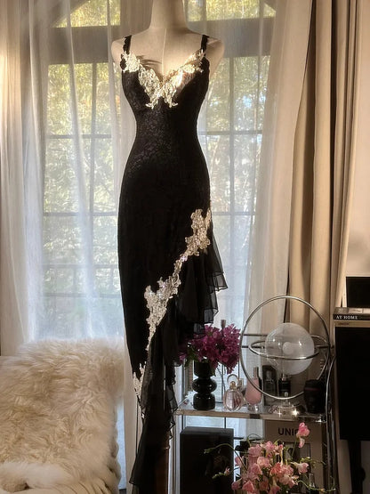 Sexy Sheath Spaghetti Strap Ruffle Appliques Lace Chiffon Party Dress Evening Dress SH2881