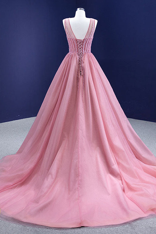 Gorgeous Pink A-line Prom Dress Tulle With Sleeveless Beadings On Sale