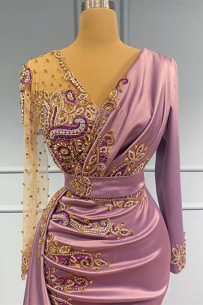 Long Sleeves Beadings Prom Dress V Neck Mermaid