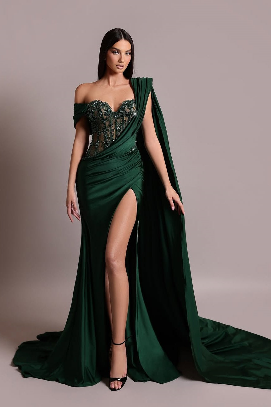 Dark Green Sleeveless Sweetheart Asymmetric Beadeds Mermaid Prom Dress